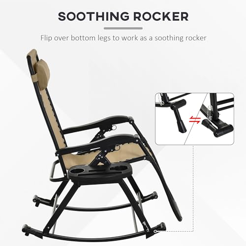 Outsunny Set of 2 Outdoor Rocking Chairs, Foldable Reclining Zero Gravity Lounge Rocker with Pillow, Cup & Phone Holder, Combo Design with Folding Legs, Beige - color: Beige, size: 2 Packs