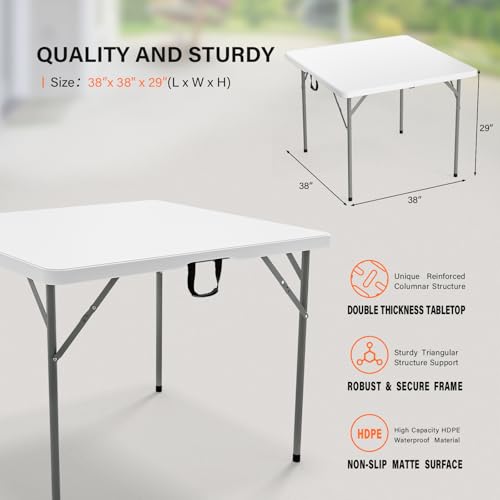 VINGLI 38" Fold in Half Square Table, Bi-Folding Commercial Portable Plastic Dining Table for Kitchen Outdoor Party Wedding Event, White - color: White, size: 38 Inches