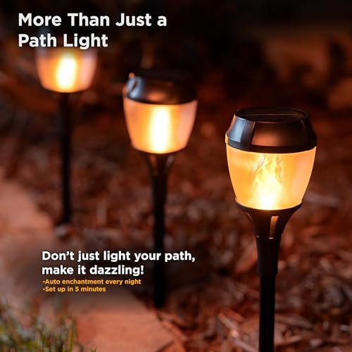 FoxFlame Solar Path Lights Outdoor Waterproof-Realistic Flickering LED Flame,IP65 Pathway Lights Solar Powered Warm Light for Garden and Walkways,Ground Stake Included for Easy Setup(2 Pack) - style: Elegant Path Torch