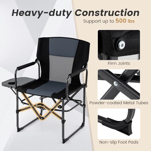 Goplus Folding Camping Chair, 2 Pack Heavy-Duty Director Chair with Side Table & Cup Holder, Portable Padded Chair with Carrying Bag for Picnic Beach Fishing Sports, Supports up to 500 LBS - color: Grey