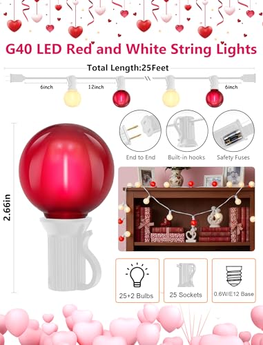 25FT LED Valentine’s Day String Lights, 25 G40 Valentines Decoration Lights Outdoor with Frosted Red White Bulbs, Hanging Patio Lights Shatterproof for Mother's Day Decor Wedding Party, White Wire - color: Frosted Red White, size: 25Ft