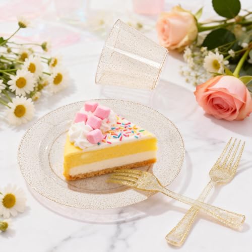 WELLIFE 150PCS Gold Plastic Plates – Gold Glitter Disposable Dinnerware Set for 50 Guests (7.5" Dessert Plates), Includes 50 Plates, 50 Cups & 50 Forks for Wedding & Birthday Party Tableware - color: Gold Glitter(150pcs), size: 50 Guests