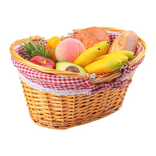 1 Pack 14.2 Inch Natural Wicker Basket with Checkered Lining, Oval Wicker Woven Basket with Handle, Willow Woven Picnic Baskets for Picnic, Camping, Party(Large) - size: 1 Pack 14.2in Natural