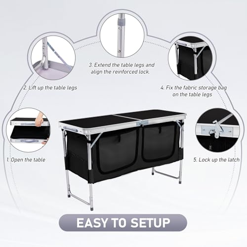 VINGLI 4 Ft Folding Table, Aluminum Camping Table, Picnic Table with Storage, Adjustable Height for Outdoor Beach BBQ Backyards Travel Party (Black) - color: Black