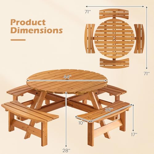 Giantex 8-Person Round Picnic Table Set with 4 Benches, 550 LBS Bench Capacity, 2" Umbrella Hole, Circular Outdoor Wood Dining Table & Chairs for Patio Yard Garden Porch Deck (71”x71”x28”,Yellow) - color: Yellow, size: 71”x71”x28”