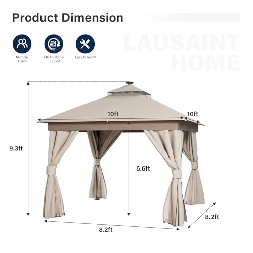 LAUSAINT HOME 10'x10' Outdoor Gazebo with Solar LED Lights, Metal Heavy Duty Patio Canopy Tent Shelter with Double Roofs, Mosquito Nettings and Privacy Screens for Backyard, Garden, Lawn, Khaki - color: Khaki, size: 10'x10' with LED Lights