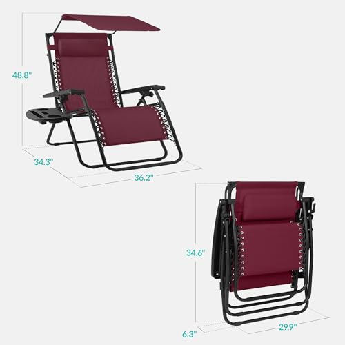 Best Choice Products 30” Wide Folding Zero Gravity Outdoor Recliner Patio Lounge Chair w/Adjustable Canopy Shade, Headrest, Side Accessory Tray - Burgundy - color: Burgundy, size: Oversized Extra Wide