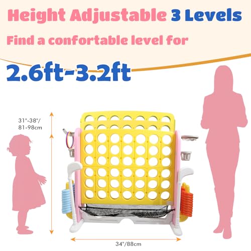 Ancaixin Giant 4 in-A-Row Connect Game Set, Adjustable Height Jumbo Yard Game with Basketball Hoop, Golf, Mesh Pocket & Ring Toss, Indoor Outdoor Family Backyard Party Game for Kids and Adults, Yellow - color: Yellow
