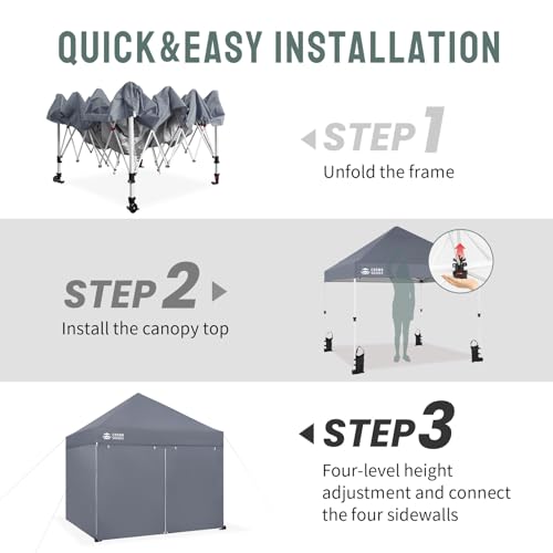 CROWN SHADES 10x10 Pop Up Canopy Tent Instant Commercial 1-Person Setup Patended Centerlock with 400D Fabric, 4 Sidewalls, 4" Wheels, 4 Upgraded Weights, Sto'N Go Bag, Gray - color: Gray, size: 10x10 Tall Center