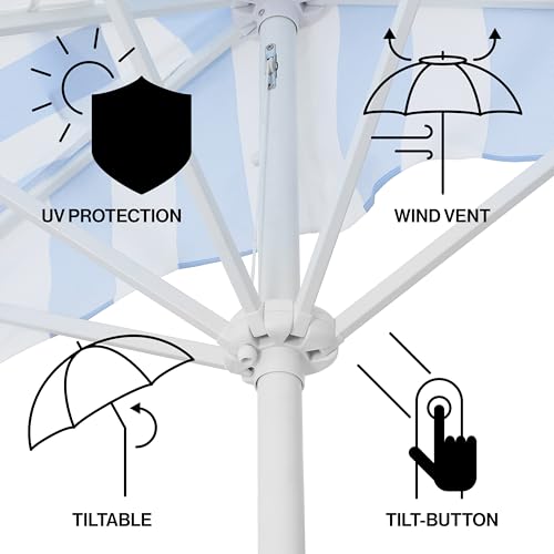 JONATHAN Y Half Umbrella UMB1201J Beverly 9 ft. Designer Classic Scalloped Fringe Market Patio with Crank, Tilt Button and UV Protection in Light Blue/White, White Pole - color: Light Blue/White - White Pole