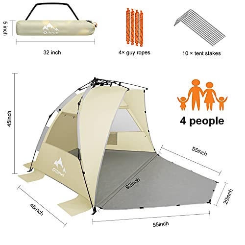 Oileus X-Large 4 Person Beach Tent Sun Shelter - Portable Sun Shade Instant Tent for Beach with Carrying Bag, Stakes, 6 Sand Pockets, Anti UV for Fishing Hiking Camping, Waterproof Windproof, Khaki - color: Khaki