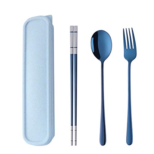 3 PCS Stainless Steel Travel Camping Flatware Set Fork Spoon Chopsticks with Portable Case, Blue - color: Blue