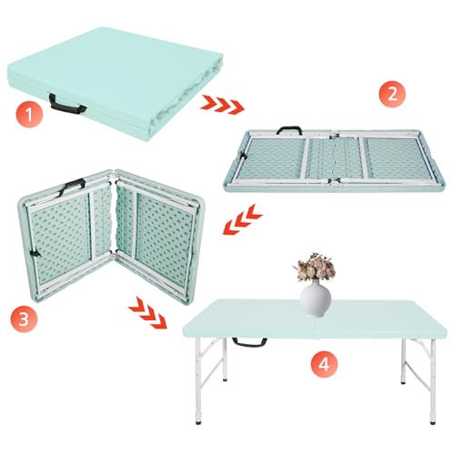Portable 4Ft Folding Table, Heavy Duty Plastic Fold-in-Half Utility Foldable Table, Adjustable Height Plastic Folding Table with Carrying Handle for Camping &Party Indoor/Outdoor (Light Blue) - color: Light Blue, size: 4Ft