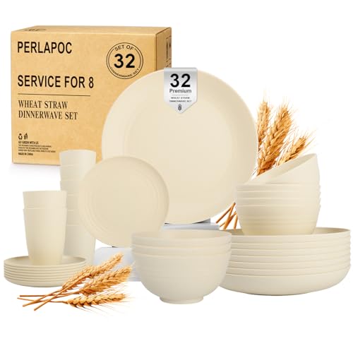 Wheat Straw Dinnerware Sets for 8, 32 PCS Unbreakable Plates and Bowls Sets, Kitchen Dish Set - Dinner Plate/Dessert Plate/Cereal Bowl/Cup, for Outdoor Camping RV Apartment Essentials - Beige - color: Beige, size: 32 PCS