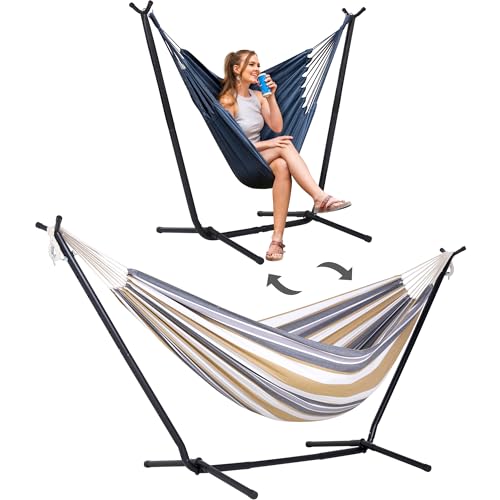SUNCREAT 2-in-1 Convertible Double Hammocks 2 Person Heavy Duty, Large Patio Hammock with Space Saving Stand, Patented, Coffee Stripe - color: A-coffee Stripe