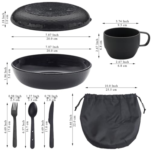 Berglander Camping Mess Kit with Bowl, Plate, Cup, Spoon, Fork, Knife and Carry Bag, Plastic Camping Accessories Essentials Gear for Travel, Camping, Picnic, Outdoor, Easy to Carry & Store - color: 1.Black