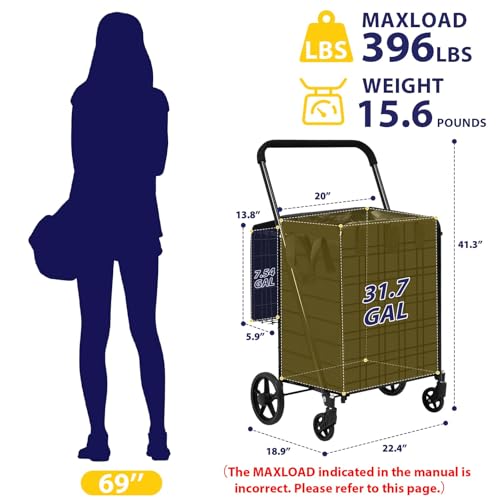 Siffler 396lbs Capacity Shopping Cart,Upgrade Huge Grocery Cart on Wheels,Heavy Duty Foldable Utility Shopping Carts with Double Basket and 360° Rolling Swivel Wheels for Groceries Laundry Transport - size: Jumbo - Back Bag