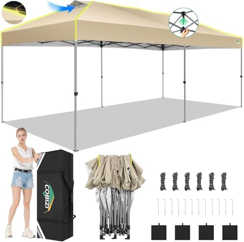 COBIZI 10x20 Pop Up Canopy Tent, Outdoor Party Tent Without Sidewall One Push Setup Glow, 3 Adjustable Height Air Vent Waterproof UPF50+, Bag, 4 Sandbag, 6 Stake, 12 Rope for Beach, Commercial - color: Khaki, size: 10x20