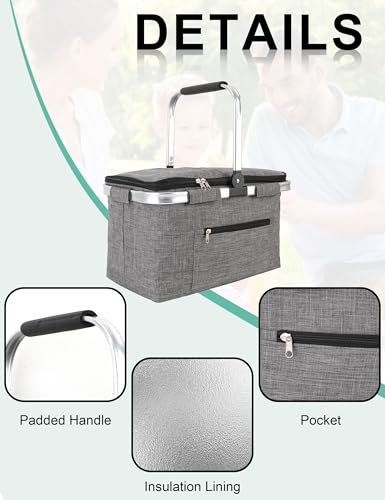 Large Picnic Basket Insulated, Foldable Shoping Basket Cooler Bag, Leakproof Picnic Baskets with Handle and Lid for Camping Outdoor Birthday Lunch BBQ Travel Beach(Gray, 17.7x10.2x9.8in) - color: Gray, size: 17.7 x 10.2 x 9.8 in