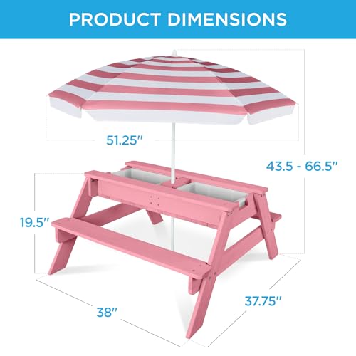 Best Choice Products Kids Picnic Table with Umbrella, 3-in-1 Sand & Water Table, Outdoor Convertible Picnic Table for Toddlers, Seats 4, Removable Top, 2 Buckets - Pink - color: Pink