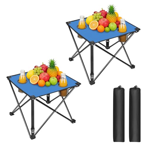 2 Pack Portable Camping Table, Ultralight Picnic Table Foldable with 2 Cup Holders and Carrying Bag for Outdoor Camping Picnic BBQ Beach Party Patio Fishing, Steel Frame, High-Grade 600D Oxford Fabric - color: Blue, size: 2 Pack