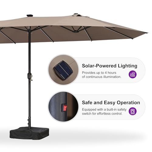 PURPLE LEAF 14ft Patio Market Umbrella with Solar LED and Base Double-Sided Rectangle Outdoor Table Sun Umbrellas with Crank for Pool Beach Deck Backyard Taupe - color: Taupe, size: 14' X 8' with Lights