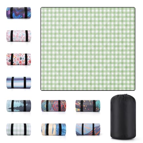 60x80" Large Picnic Blankets Waterproof Outdoor Portable Beach Blanket Weatherproof Patios Grass Park Lawn Tent Ground Mat Summer Camping Rv Supplies Car Travel Hiking Family Must Haves Gifts - color: Light Green Check, size: 6'8" x 5' (Rectangular)