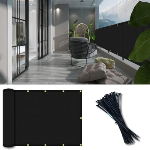 Balcony Privacy Screen Fence Cover 4'x16', HDPE Shade Mesh Fabric with Cable Ties, 90% Visibility Block, UV & Wind Protection for Patio, Deck, Porch, Pool, Backyard, Apartments Railing - color: Black, size: 4×16 FT