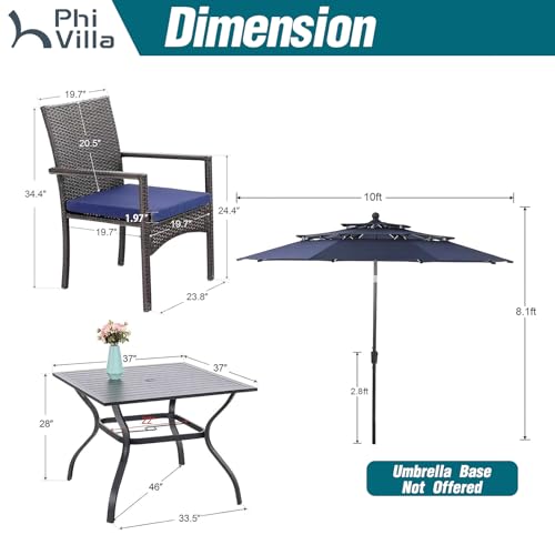 PHI VILLA 5 Piece Outdoor Dining Set with Umbrella, 37" Square Metal Dining Table & Cushioned Rattan Chairs with 10ft Blue Umbrella for Patio, Deck, Yard, Porch - color: Navy Blue, size: 5PCS 37" Steel Table
