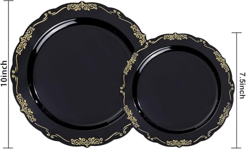 U-QE 100PCS Black and Gold Plastic Plates - Heavy Duty Black Disposable Plates Including 50PCS 10'' Dinner Plates & 50PCS 7.5'' Dessert Plates - Hard Plastic Plates for Party - color: Black/Gold