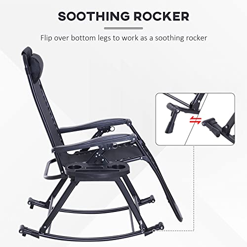 Outsunny Outdoor Rocking Chairs, Foldable Reclining Zero Gravity Lounge Rocker with Pillow, Cup & Phone Holder, Combo Design with Folding Legs, Black - color: Black, size: 1 Pack
