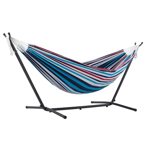 Vivere Double Cotton Hammock with Space Saving Steel Stand, Upgraded Polyester End Strings 450 lb Capacity - Premium Carry Bag Included - USA Grown Cotton (Denim) - color: Denim