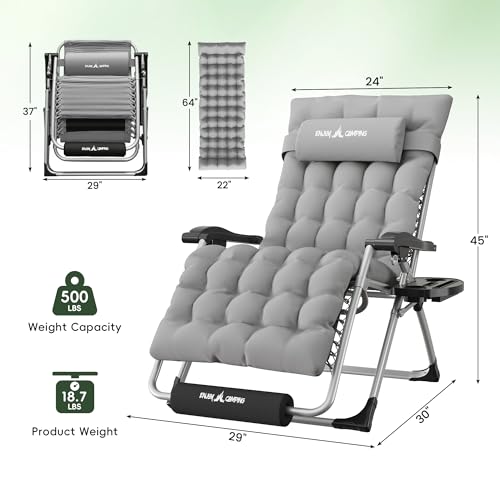 Amopatio Oversized Padded Zero Gravity Chair, XL 29In Reclining Camping Lounge Chair w/Removable Cushion&Headrest, Upgraded Lock and Footrest, Folding Patio Recliner for Indoor Outdoor, Grey - color: Light Gray XL, size: 29in