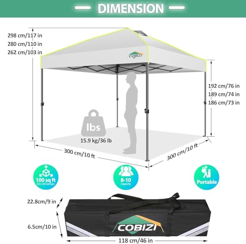 COBIZI 10x10 Pop Up Canopy Tent 1-Button Push Easy up Outdoor Canopy Instant Portable Commercial Shelter Waterproof UPF50+ Gazebo with Reflective Strip, Air Vent & 4 Sandbags,White - color: White(1-year warranty), size: 10x10ft with No Sidewalls