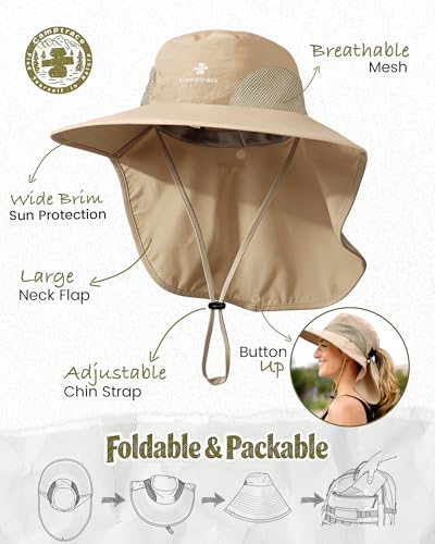 Camptrace Sun Hats for Women Men UPF 50+ UV Protection Wide Brim Hiking Fishing Hat with Neck Flap - color: Khaki