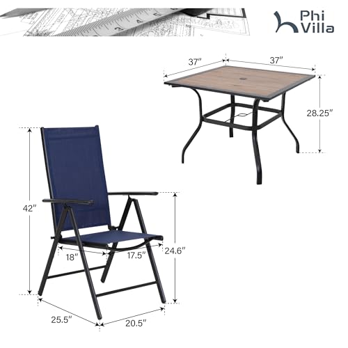 PHI VILLA 5-Piece Patio Dining Set for Outdoor, Patio Table and Chairs Set with Square Wooden-Like Table & Patio Folding Sling Chairs (Blue) - color: Blue, size: 5 Piece Square