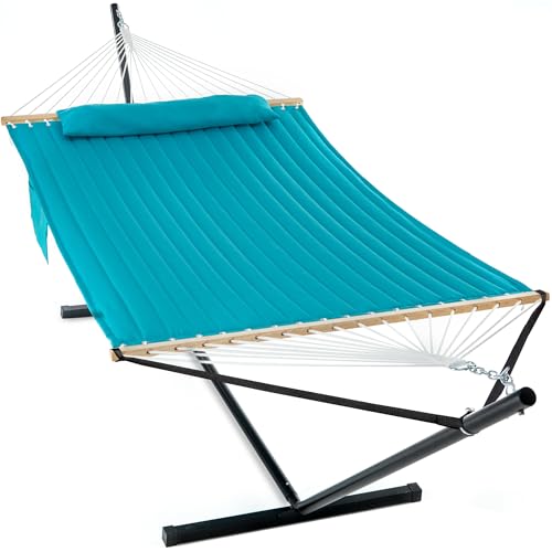 GAFETE 2 Person Hammock with Stand for Outside, Heavy Duty Steel Stand, Double 55inch Hammocks, Large Removable Pillow, Storage Bags, Max 475 lbs Capacity (Lake Aqua) - color: Lake Aqua