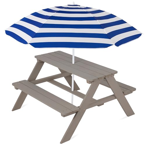 Best Choice Products Wooden Kids Picnic Table with Umbrella, Outdoor Activity Table Set with Built-in Benches, 220 lb Capacity per Bench - Gray/Navy - color: Gray/Navy