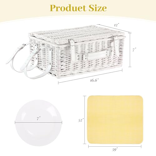 Neti Neti Wicker Picnic Basket for 4 with Insulated Cooler & Waterproof Blanket – Large Willow Picnic Hamper for Outdoor, Camping, Beach, Romantic Dates, Valentine’s Day - color: Yellow Plaid