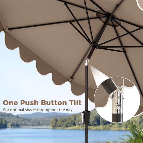 Tangkula 10 FT Patio Umbrella with Base Included, 2-Tiers Outdoor Scalloped Table Umbrella with 2 Sandbags, Tilt Adjustment, Crank, 8 Ribs for Market Backyard Pool Deck Beach Lawn - color: Tan, size: 10 FT