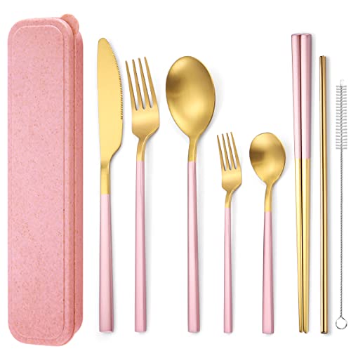 AARAINBOW 6 Pieces Stainless Steel Flatware Set Portable Reusable Cutlery Set Travel Utensils Set Including Chopsticks Knife Fork Spoon Straws Cleaning Brush Dishwasher Safe (B-Pink golden) - color: B-Pink golden