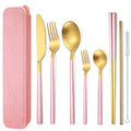 AARAINBOW 6 Pieces Stainless Steel Flatware Set Portable Reusable Cutlery Set Travel Utensils Set Including Chopsticks Knife Fork Spoon Straws Cleaning Brush Dishwasher Safe (B-Pink golden) - color: B-Pink golden