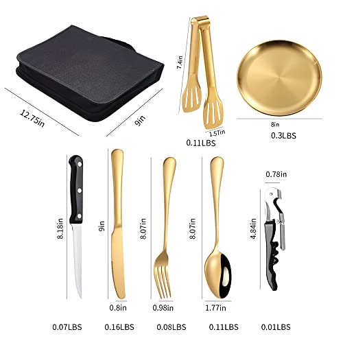 Picnic Dishes Utensils Gold Camping Flatware Set for 4 Portable Dinnerware Plates Silverware Forks Spoons knives Bottle Opener Food Tongs Complete Kit with Zipper Bag - size: 20, style: Gold Camping Flatware