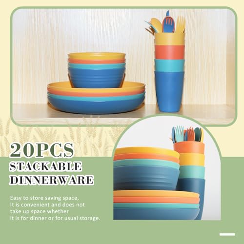 Wrova Wheat Straw Plates and Bowls Set with Flatware,20-piece Unbreakable Kids Plates and Bowls sets,Dishwasher Safe Wheat Straw Dinnerware Sets for Kitchen,Camping,Apartment and Dorm.Vibrant Series - color: Vibrant Series, size: 20 Pack
