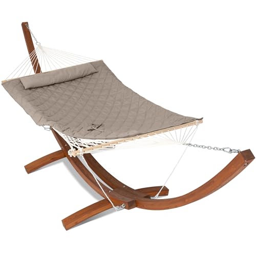 ANOW 13.5FT Curved Wooden Stand with Rope Hammock, Heavy Duty Larch Wood Arc Stand with 2 Chains, 4 Balance Ropes and 4 Carabiners, Includes Light Brown Hammock with Spreader Bars - color: Light Brown