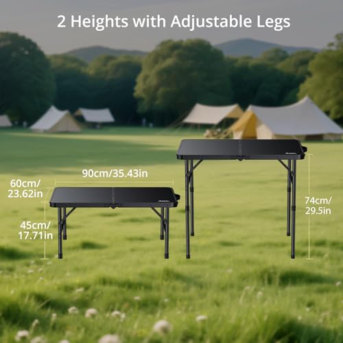 Anbte Folding Camping Table, 36" x 24" Portable Table Adjustable Height Max 28 inch Aluminum Folding Table with Storage Net, Lightweight, Portable Handle for Travel, Outdoor, Backyard (Black) - color: Pure Black, size: 36"L x 24"W x 27.5H"