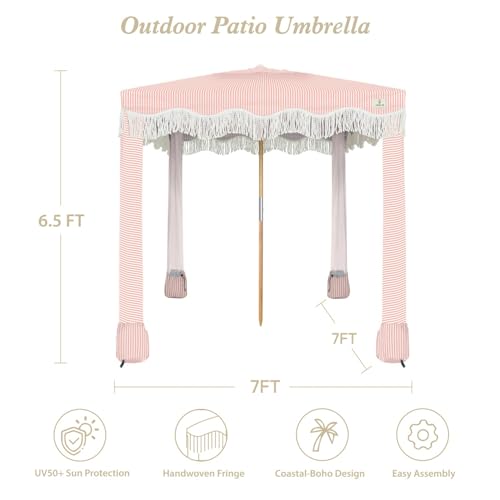 AMMSUN Beach Cabana with Fringe, 7' x 7' Boho Beach Canopy with Tassels, Easy Set up & Premium Wood Pole, Cabana Tent with Sand Pockets, Instant Sun Shade for Sand, Garden, Patio, Pink Stripes - color: Pink Stripes