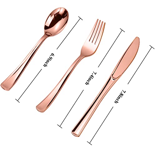 N9R 300PCS Rose Gold Plastic Silverware, Heavy Duty Plastic Cutlery Set, Disposable Rose Gold Utensils Include 100 Forks, 100 Spoons, 100 Knives, Perfect for Party Decorations - color: Rose Gold-300Pack