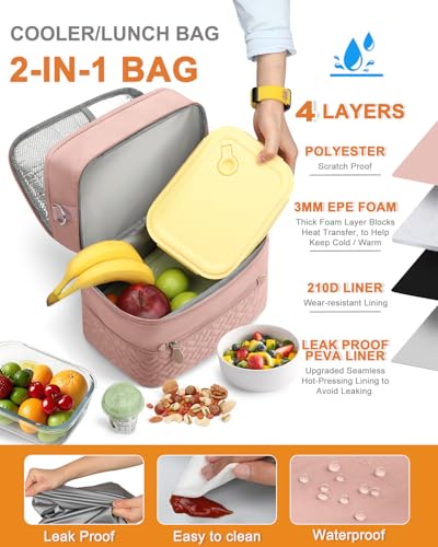 Capolo Lunch Box for Women Men Adults,Double Deck Insulated Lunch Bag Leakproof Lunch Cooler Box with Removable Strap Lunch Tote Bags Reusable Thermal Lunchbox for School Work Picnic(Large,Pink) - color: Pink, size: Large