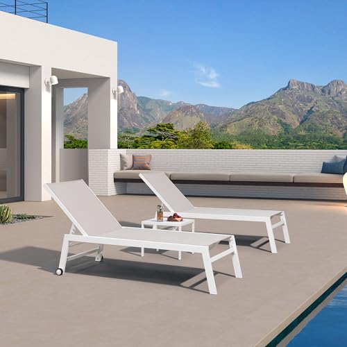 PURPLE LEAF Oversize Chaise Lounge Chair Outdoor 2 Pieces White Aluminum Lounge Chair with Wheels and Table for Pool Deck Patio, Linen - color: Linen, style: Oversize Inclining-leg